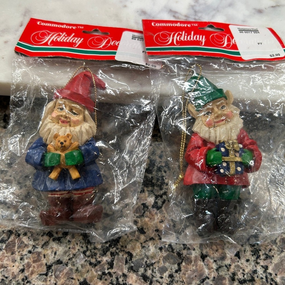 Set of 2 Vintage Commodore Holiday Decor Santa Elf Ornaments Handcrafted 1073C